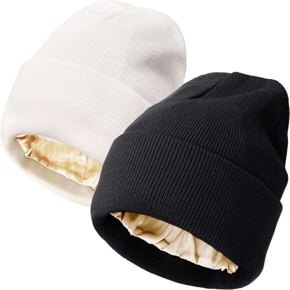 Accessories - 2542 Satin Lined Knit Beanies Hat Warm Silk Lined Winter Hat Soft Slouchy